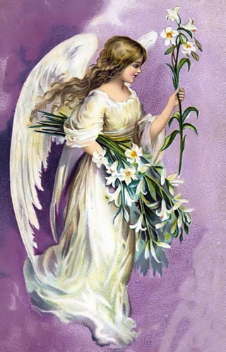 Девушка ангел с цветами спускается с небес