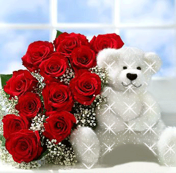 Анимация с букетом красных роз и плюшевой мишкой в гостевую любимой девушки
